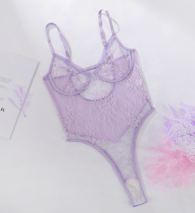 The Lilac Love bodysuit features an intricate design 